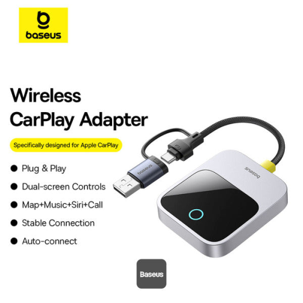 Baseus Prime Trip Safe Journey Wireless CarPlay Adapter for iPhone - Converts Wired CarPlay to Wireless Dual-Screen iOS 10-18 (2016+ Cars) - Grey