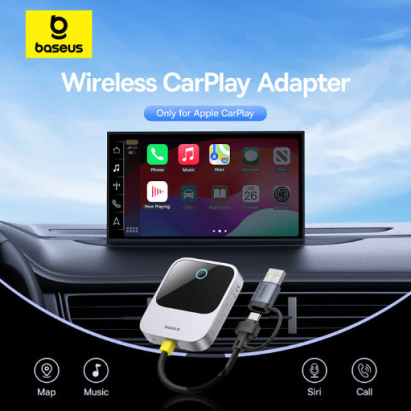 Baseus Prime Trip Safe Journey Wireless CarPlay Adapter for iPhone - Converts Wired CarPlay to Wireless Dual-Screen iOS 10-18 (2016+ Cars) - Grey