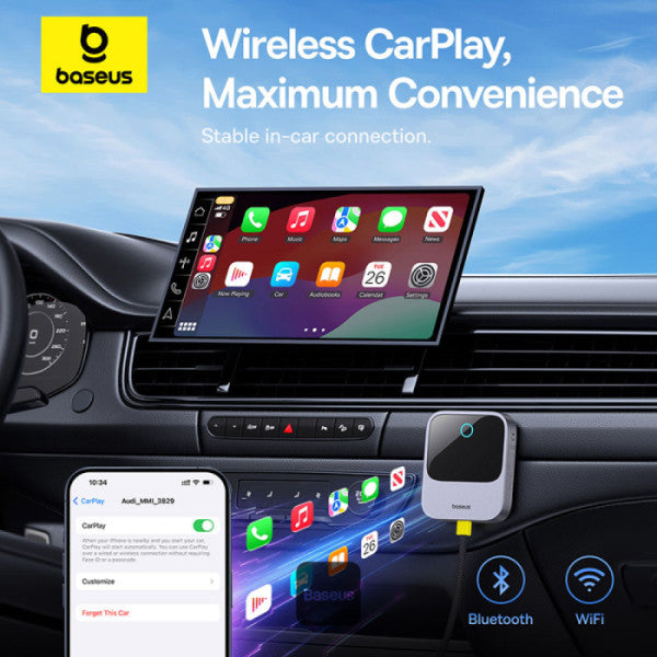 Baseus Prime Trip Safe Journey Wireless CarPlay Adapter for iPhone - Converts Wired CarPlay to Wireless Dual-Screen iOS 10-18 (2016+ Cars) - Grey