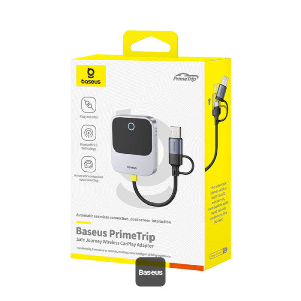 Baseus Prime Trip Safe Journey Wireless CarPlay Adapter for iPhone - Converts Wired CarPlay to Wireless Dual-Screen iOS 10-18 (2016+ Cars) - Grey