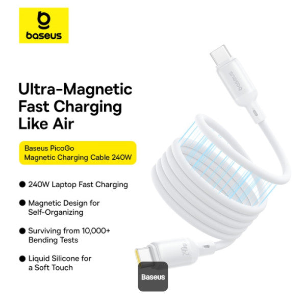 Baseus PicoGo 240W Magnetic Fast Charging USB-C Cable Type-C to Type-C 480Mbps Liquid Silicone Cable 1M - White