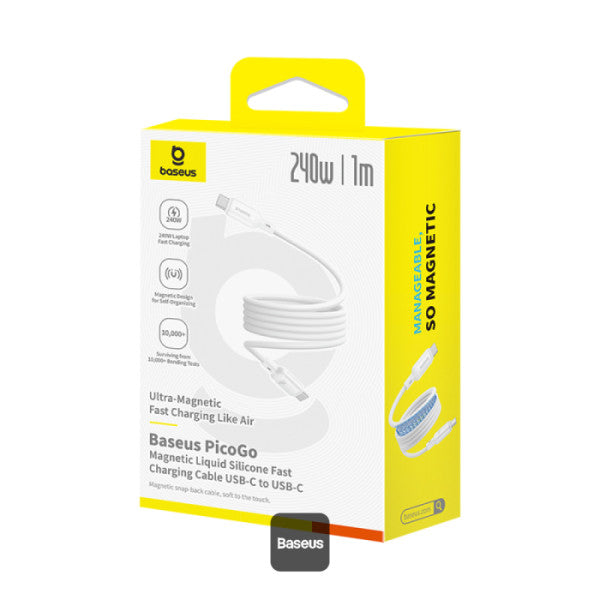 Baseus PicoGo 240W Magnetic Fast Charging USB-C Cable Type-C to Type-C 480Mbps Liquid Silicone Cable 1M - White