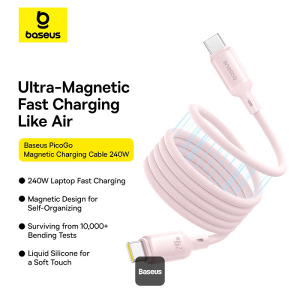 Baseus PicoGo 240W Magnetic Fast Charging USB-C Cable Type-C to Type-C 480Mbps Liquid Silicone Cable 1M - Pink