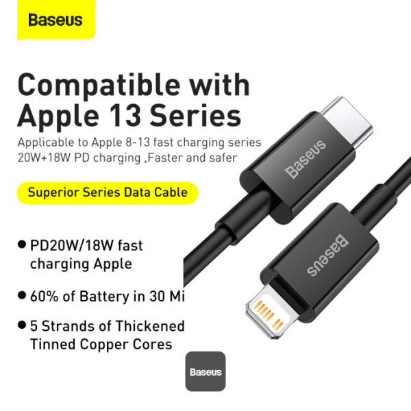 Baseus Superior Series PD 20W Type-C To Lightning Fast Charging Data Cable 2M - Black