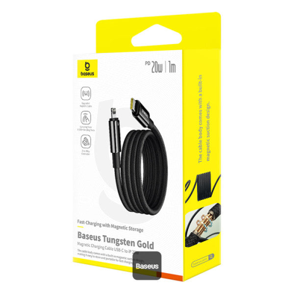Baseus Tungsten Gold Magnetic Anti-Tangle Type-C to Lightning Cable 20W PD Fast Charging High-Speed Transmission Nylon Braided 1M - Black