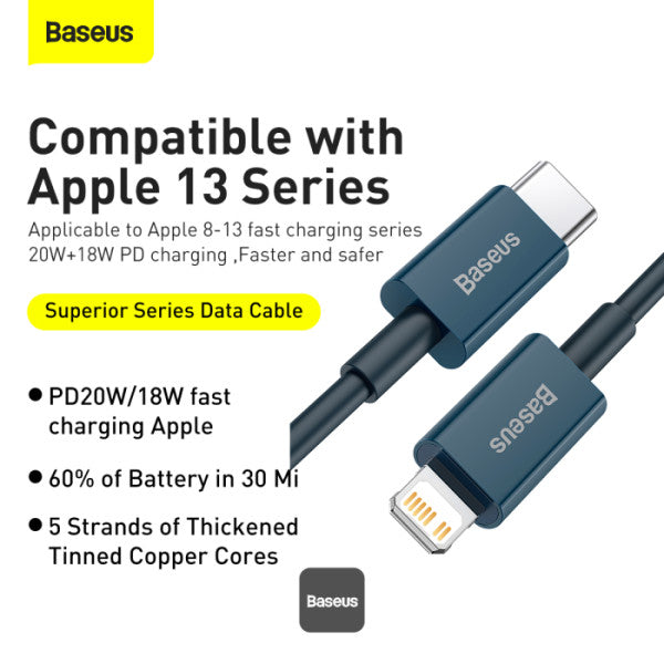 Baseus Superior Series PD 20W Type-C To Lightning Fast Charging Data Cable 2M - Blue