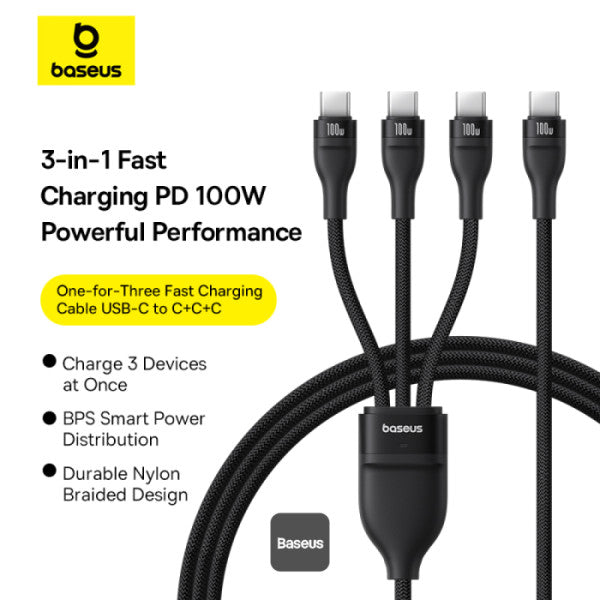 Baseus Flash Series 3 100W One-for-three Fast Charging Cable Type-C to C+C+C - 480Mbps Data Cable Nylon Braided 15M - Black