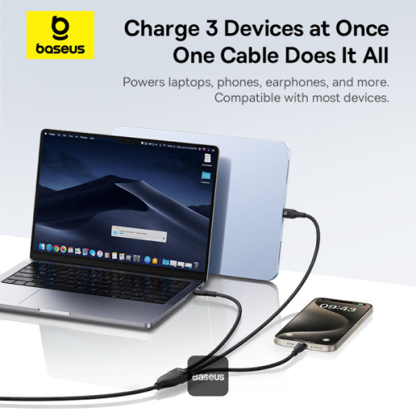 Baseus Flash Series 3 100W One-for-three Fast Charging Cable Type-C to C+C+C - 480Mbps Data Cable Nylon Braided 15M - Black