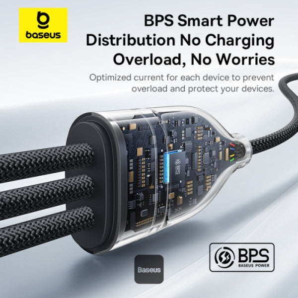 Baseus Flash Series 3 100W One-for-three Fast Charging Cable Type-C to C+C+C - 480Mbps Data Cable Nylon Braided 15M - Black