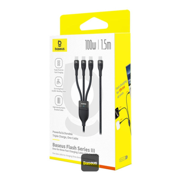 Baseus Flash Series 3 100W One-for-three Fast Charging Cable Type-C to C+C+C - 480Mbps Data Cable Nylon Braided 15M - Black