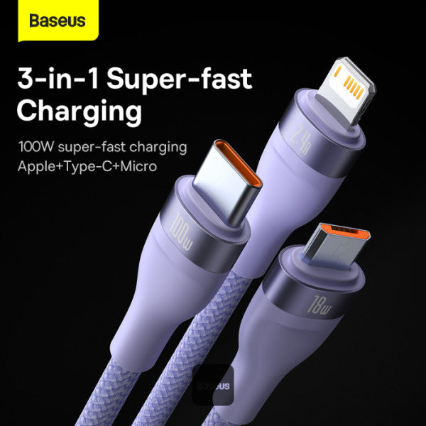 Baseus Flash Series 2 100W One-for-three Fast Charging Cable USB to M+L+C - 480Mbps Data Cable Nylon Braided 12M - Purple
