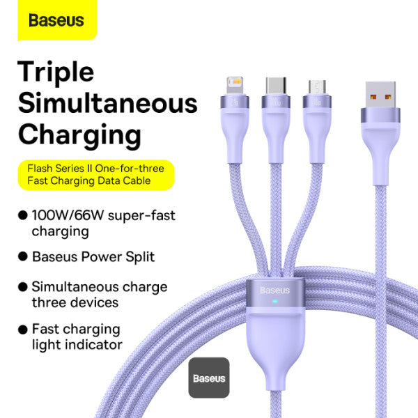 Baseus Flash Series 2 100W One-for-three Fast Charging Cable USB to M+L+C - 480Mbps Data Cable Nylon Braided 12M - Purple