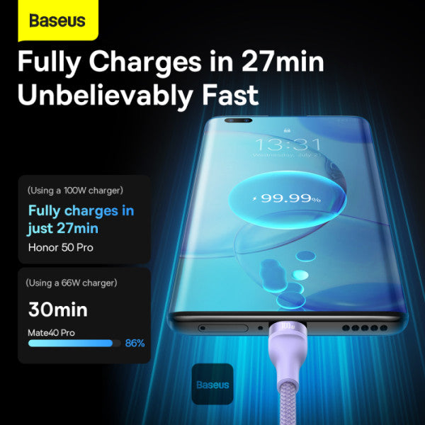 Baseus Flash Series 2 100W One-for-three Fast Charging Cable USB to M+L+C - 480Mbps Data Cable Nylon Braided 12M - Purple