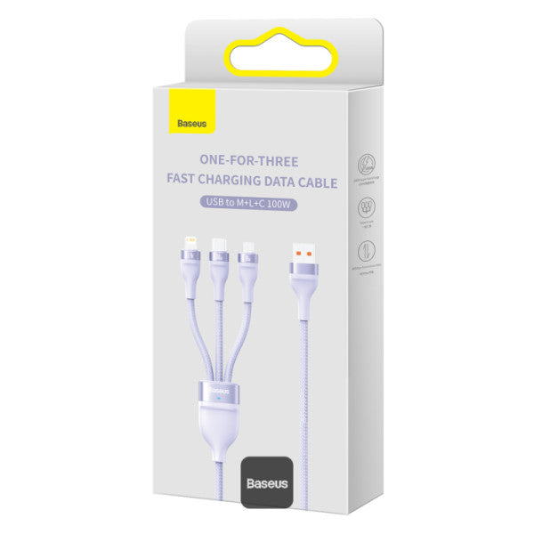 Baseus Flash Series 2 100W One-for-three Fast Charging Cable USB to M+L+C - 480Mbps Data Cable Nylon Braided 12M - Purple