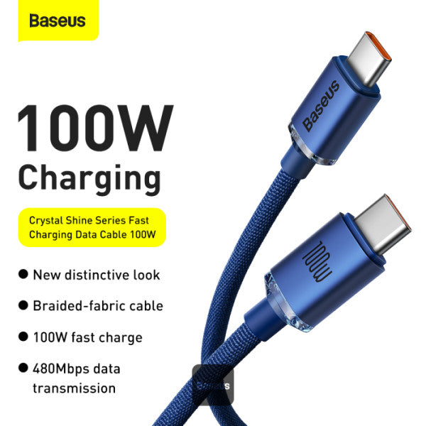 Baseus Crystal Shine Series 100W Fast Charging Cable Type-C to Type-C - 480Mbps Data Cable - 12M - Blue