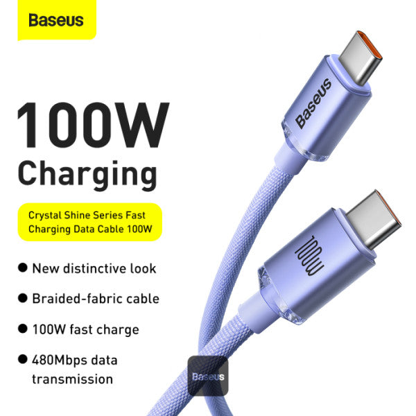 Baseus Crystal Shine Series 100W Fast Charging Cable Type-C to Type-C - 480Mbps Data Cable - 12M - Purple