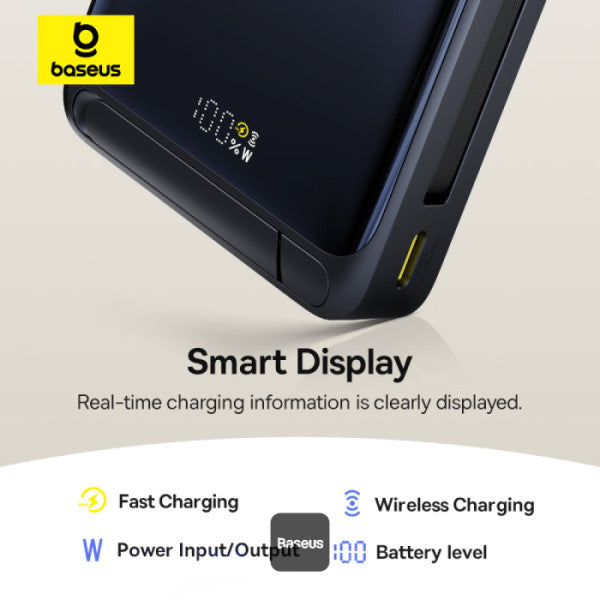 Baseus Nomos 3-in-1 10000mAh Power Bank - Qi2 Certified 15W Wireless Charger 45W Built-In Two-Way Fast Charging Cable Type-C Port Kickstand - Black