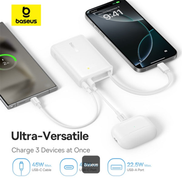 Baseus PicoGo 10000mAh Digital Display 45W Fast Charge Power Bank with Built-in Type-C Cable Type-C Port and 225W USB-A QC 30 Port – White
