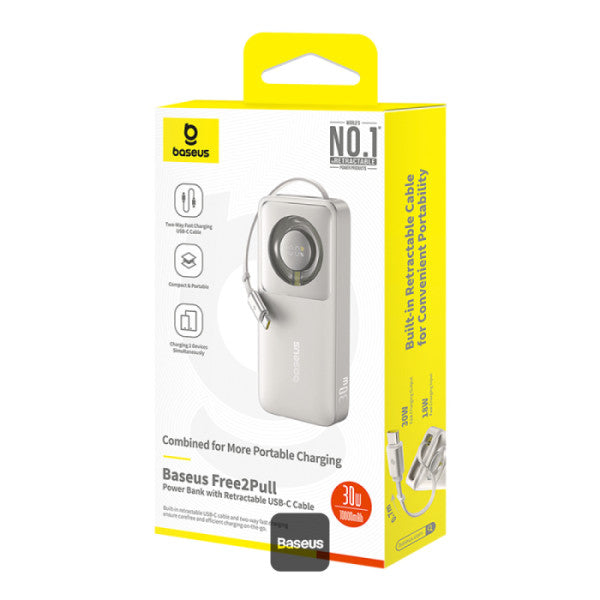 Baseus Free2Pull 10000mAh Power Bank with Built-in Retractable Type-C Cable for Laptop - 30W Fast Charging Digital Display - Grey