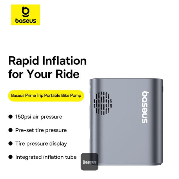 Baseus PrimeTrip 150PSI Portable Bike Pump | Air Inflator with LED Display & Fast 90s Inflation | Rechargeable Tire Pump for Bikes E-Bikes - Black