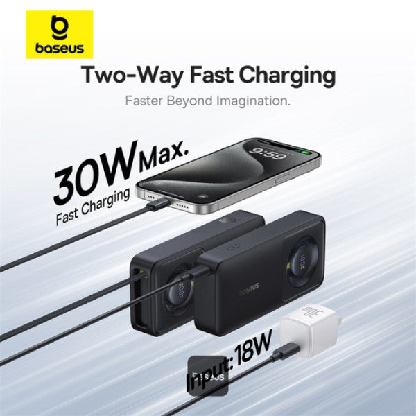 Baseus Free2Pull 10000mAh Power Bank with Built-in Retractable Type-C Cable for Laptop - 30W Fast Charging Digital Display - Black