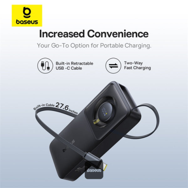 Baseus Free2Pull 10000mAh Power Bank with Built-in Retractable Type-C Cable for Laptop - 30W Fast Charging Digital Display - Black