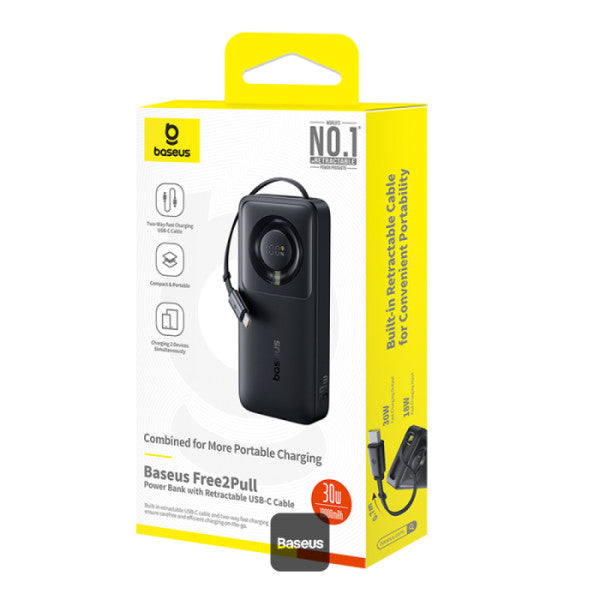 Baseus Free2Pull 10000mAh Power Bank with Built-in Retractable Type-C Cable for Laptop - 30W Fast Charging Digital Display - Black