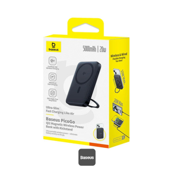 Baseus PicoGo Qi2 5000mAh Magnetic Wireless Power Bank 20W Ultra-Slim Fast MagSafe Battery Pack with USB-C In Out Port 15W Wireless Charger 360° Rotatable Ring Stand Lightweight Charger for iPhone - Black