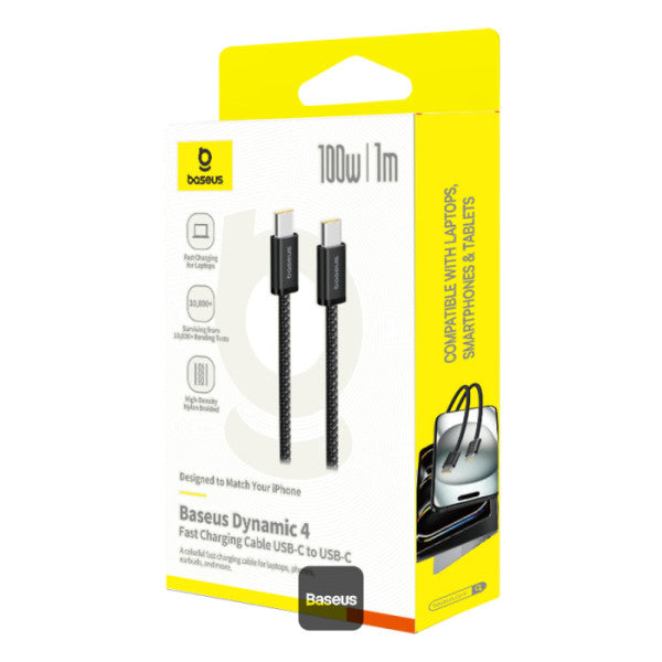 Baseus Dynamic 4 Series Type-C to Type-C Cable - 100W PD Fast Charging & 480Mbps Data Transfer Cable iPhone 16 and iPhone 15 Nylon Braided 1M - Black