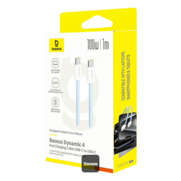 Baseus Dynamic 4 Series Type-C to Type-C Cable - 100W PD Fast Charging & 480Mbps Data Transfer Cable iPhone 16 and iPhone 15 Nylon Braided 1M - Blue