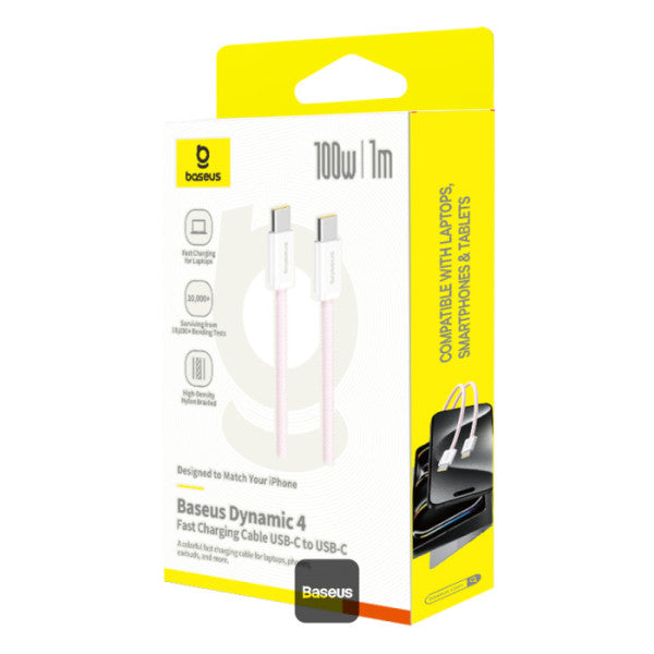 Baseus Dynamic 4 Series Type-C to Type-C Cable - 100W PD Fast Charging & 480Mbps Data Transfer Cable iPhone 16 and iPhone 15 Nylon Braided 1M - Pink