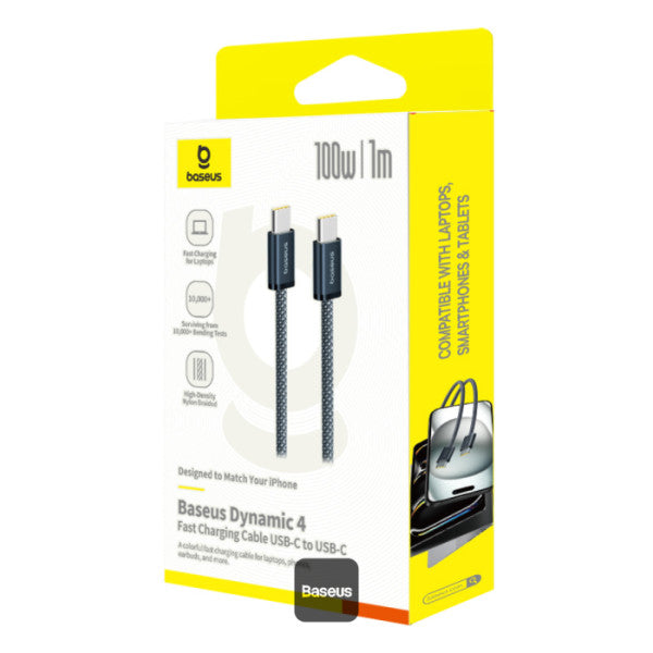Baseus Dynamic 4 Series Type-C to Type-C Cable - 100W PD Fast Charging & 480Mbps Data Transfer Cable iPhone 16 and iPhone 15 Nylon Braided 1M - Cosmic Black