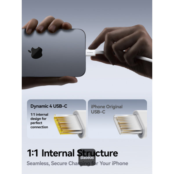 Baseus Dynamic 4 Series Type-C to Type-C Cable - 100W PD Fast Charging & 480Mbps Data Transfer Cable iPhone 16 and iPhone 15 Nylon Braided 1M - White
