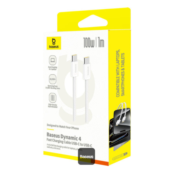 Baseus Dynamic 4 Series Type-C to Type-C Cable - 100W PD Fast Charging & 480Mbps Data Transfer Cable iPhone 16 and iPhone 15 Nylon Braided 1M - White