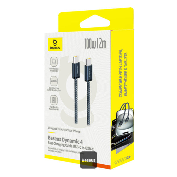 Baseus Dynamic 4 Series Type-C to Type-C Cable - 100W PD Fast Charging & 480Mbps Data Transfer Cable iPhone 16 and iPhone 15 Nylon Braided 2M - Cosmic Black