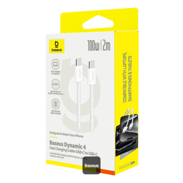 Baseus Dynamic 4 Series Type-C to Type-C Cable - 100W PD Fast Charging & 480Mbps Data Transfer Cable iPhone 16 and iPhone 15 Nylon Braided 2M - White