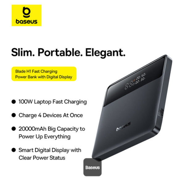 Baseus Blade H1 Lite 20000mAh 100W Fast Charging Power Bank with Type-C Cable - 2 USB-A and 2 Type-C Port Digital Display Slim Design - Black