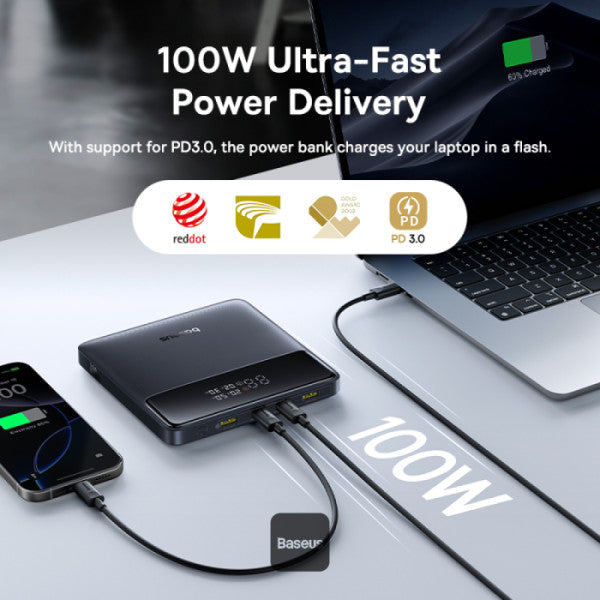 Baseus Blade H1 Lite 20000mAh 100W Fast Charging Power Bank with Type-C Cable - 2 USB-A and 2 Type-C Port Digital Display Slim Design - Black
