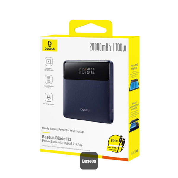 Baseus Blade H1 Lite 20000mAh 100W Fast Charging Power Bank with Type-C Cable - 2 USB-A and 2 Type-C Port Digital Display Slim Design - Black