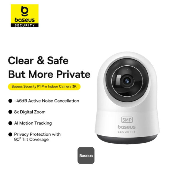 Baseus Security P1 Pro Indoor 3K Wi-Fi Camera with AI Detection 360° Pan Night Vision up to 256GB MicroSD Card Support & Voice Assistant - White