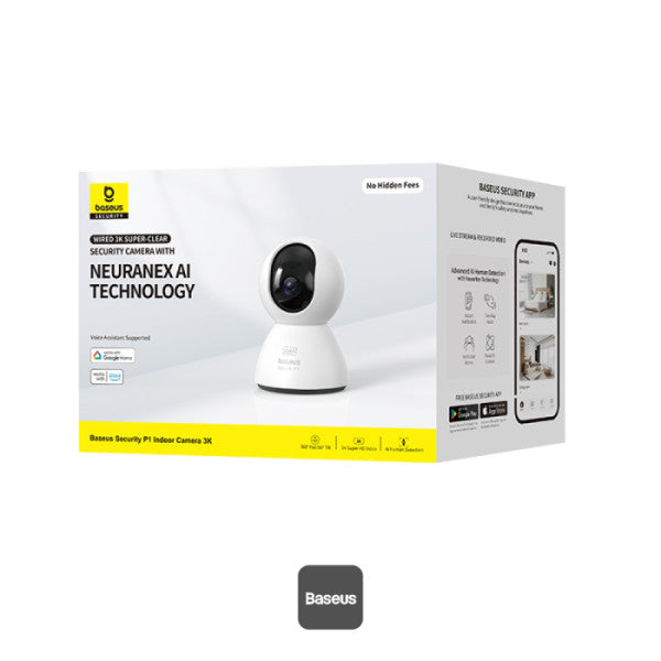 Baseus Security P1 Indoor 3K Wi-Fi Camera AI Detection 360° Pan Night Vision Up to 256GB MicroSD & Works with Google & Alexa - White