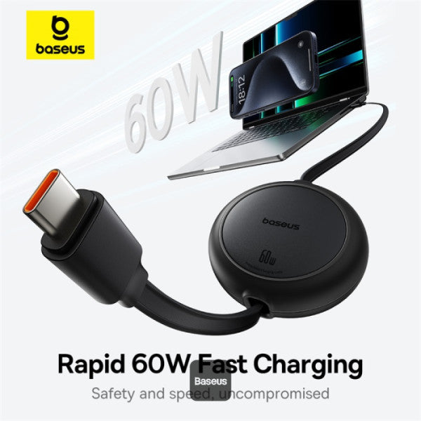 Baseus Free2Pull Mini Retractable Type-C Cable | 60W Fast Charging | Adjustable Length | CarPlay Compatible | 480Mbps Data Transfer | 1M - Black