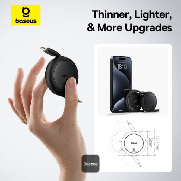 Baseus Free2Pull Mini Retractable Type-C Cable | 60W Fast Charging | Adjustable Length | CarPlay Compatible | 480Mbps Data Transfer | 1M - Black