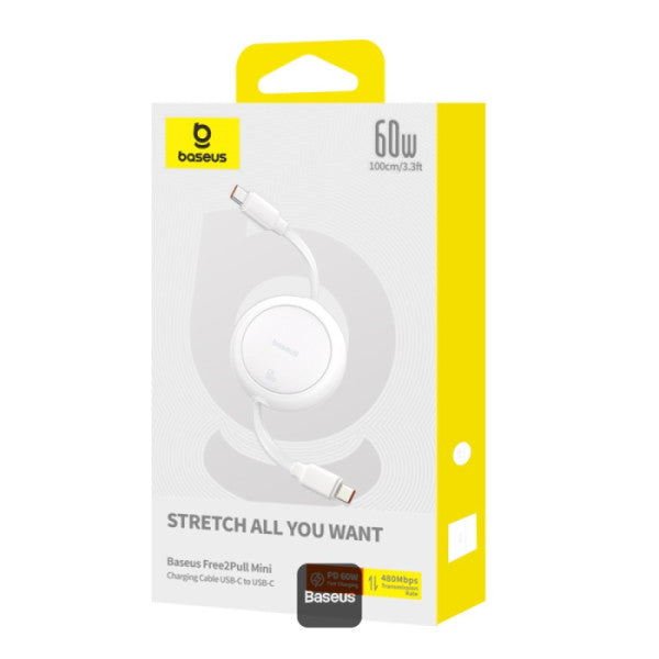 Baseus Free2Pull Mini Retractable Type-C Cable | 60W Fast Charging | Adjustable Length | CarPlay Compatible | 480Mbps Data Transfer | 1M - White