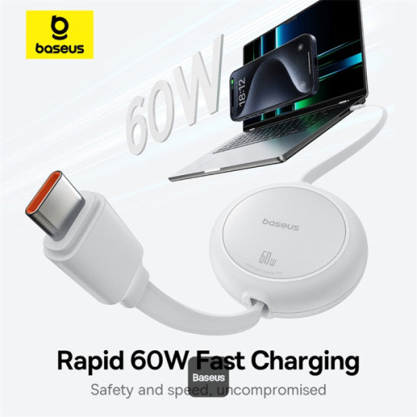 Baseus Free2Pull Mini Retractable Type-C Cable | 60W Fast Charging | Adjustable Length | CarPlay Compatible | 480Mbps Data Transfer | 1M - White