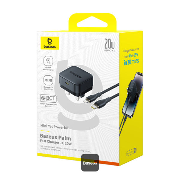 Baseus Palm 20W PD Type-C Fast Charging Wall Charger UK Plug with Ultra Fast Charging Type-C to Lightning Data Cable 1M - Black