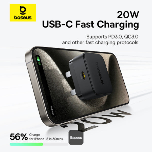 Baseus Palm 20W PD Type-C Fast Charging Wall Charger UK Plug with Ultra Fast Charging Type-C to Lightning Data Cable 1M - Black