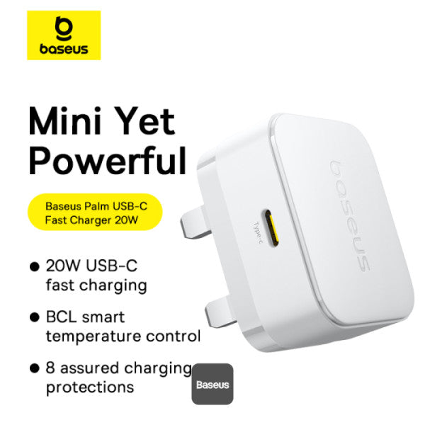Baseus Palm 20W PD Type-C Fast Charging Wall Charger UK Plug with Ultra Fast Charging Type-C to Lightning Data Cable 1M - White