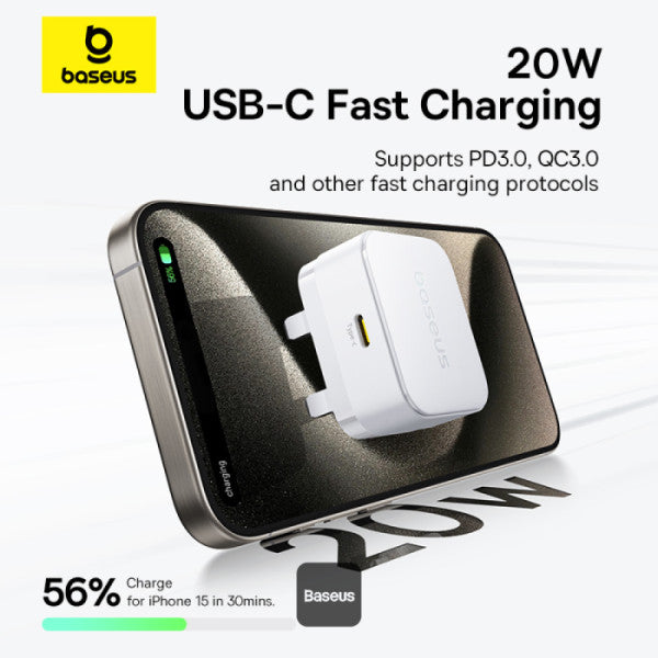 Baseus Palm 20W PD Type-C Fast Charging Wall Charger UK Plug with Ultra Fast Charging Type-C to Lightning Data Cable 1M - White
