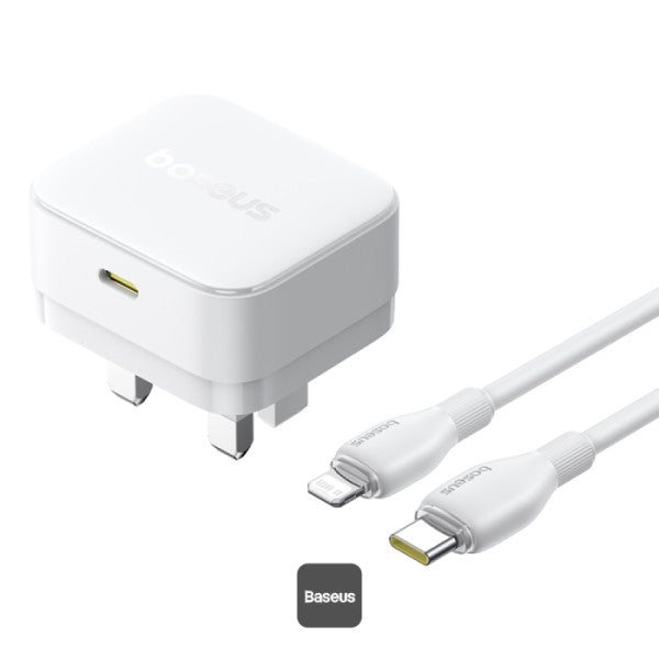 Baseus Palm 20W PD Type-C Fast Charging Wall Charger UK Plug with Ultra Fast Charging Type-C to Lightning Data Cable 1M - White
